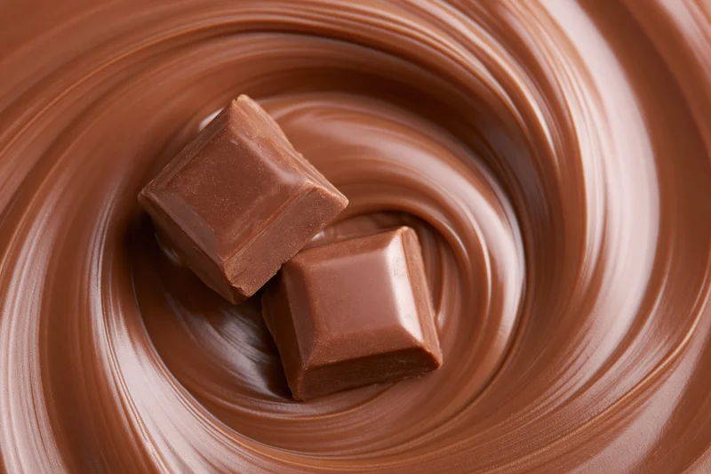 Two milk chocolate squares resting on a swirling pool of melted chocolate