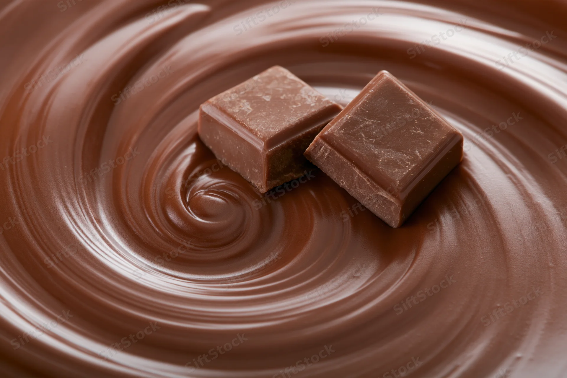 Two milk chocolate squares resting on a swirling pool of melted chocolate