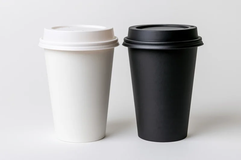 Two takeaway paper coffee cups side by side, one white and one black, on a plain white surface