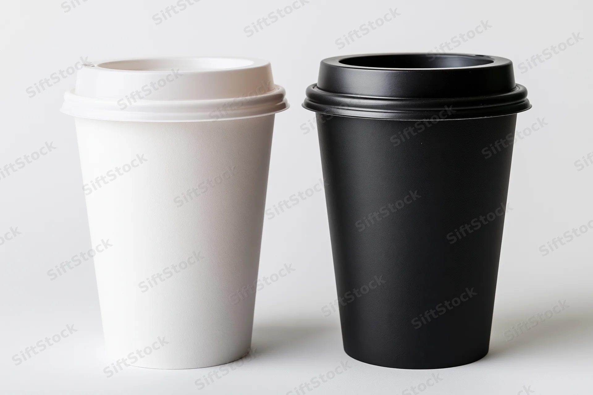 Two takeaway paper coffee cups side by side, one white and one black, on a plain white surface
