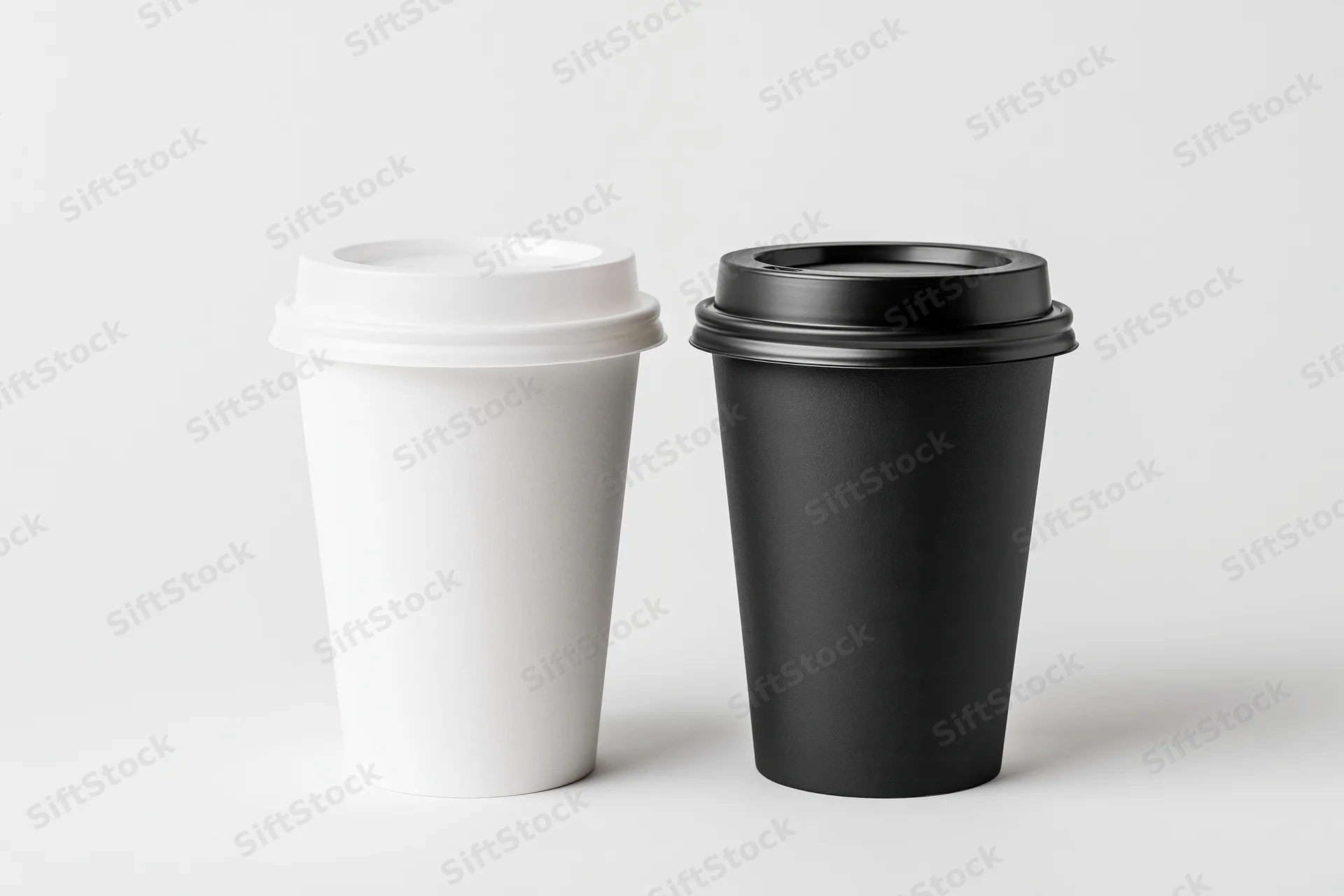 Two plain white and black paper coffee cups with lids side by side on a white surface
