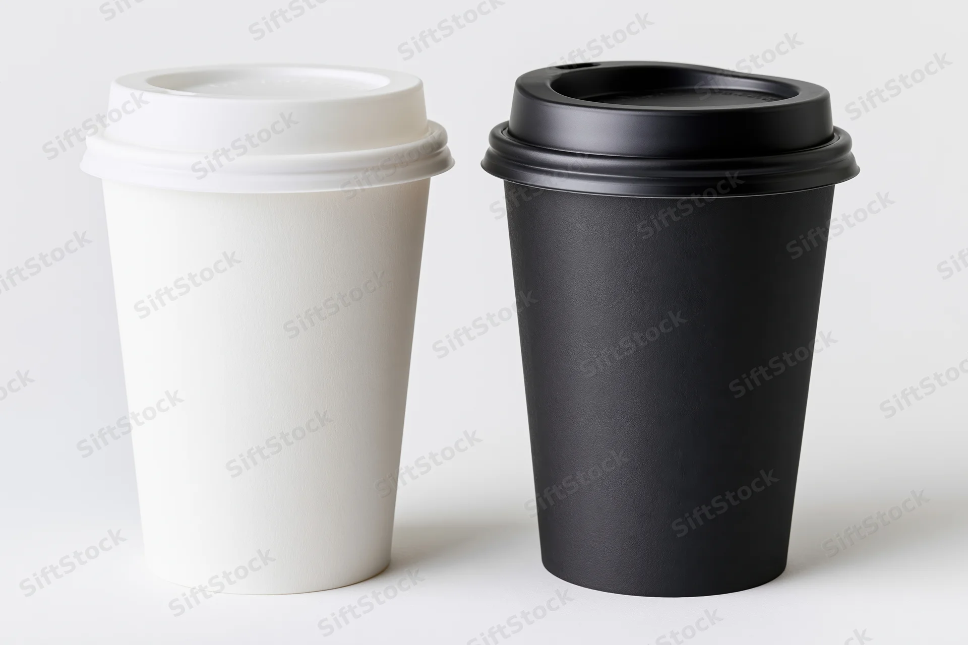 Two takeaway paper coffee cups side by side, one white and one black, on a plain white surface