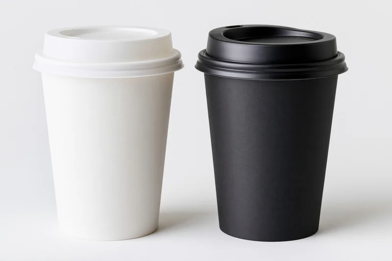 Two takeaway paper coffee cups side by side, one white and one black, on a plain white surface