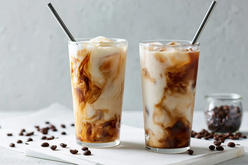 Two tall glasses of iced coffee with cream swirls and metal straws on a marble surface surrounded by coffee beans