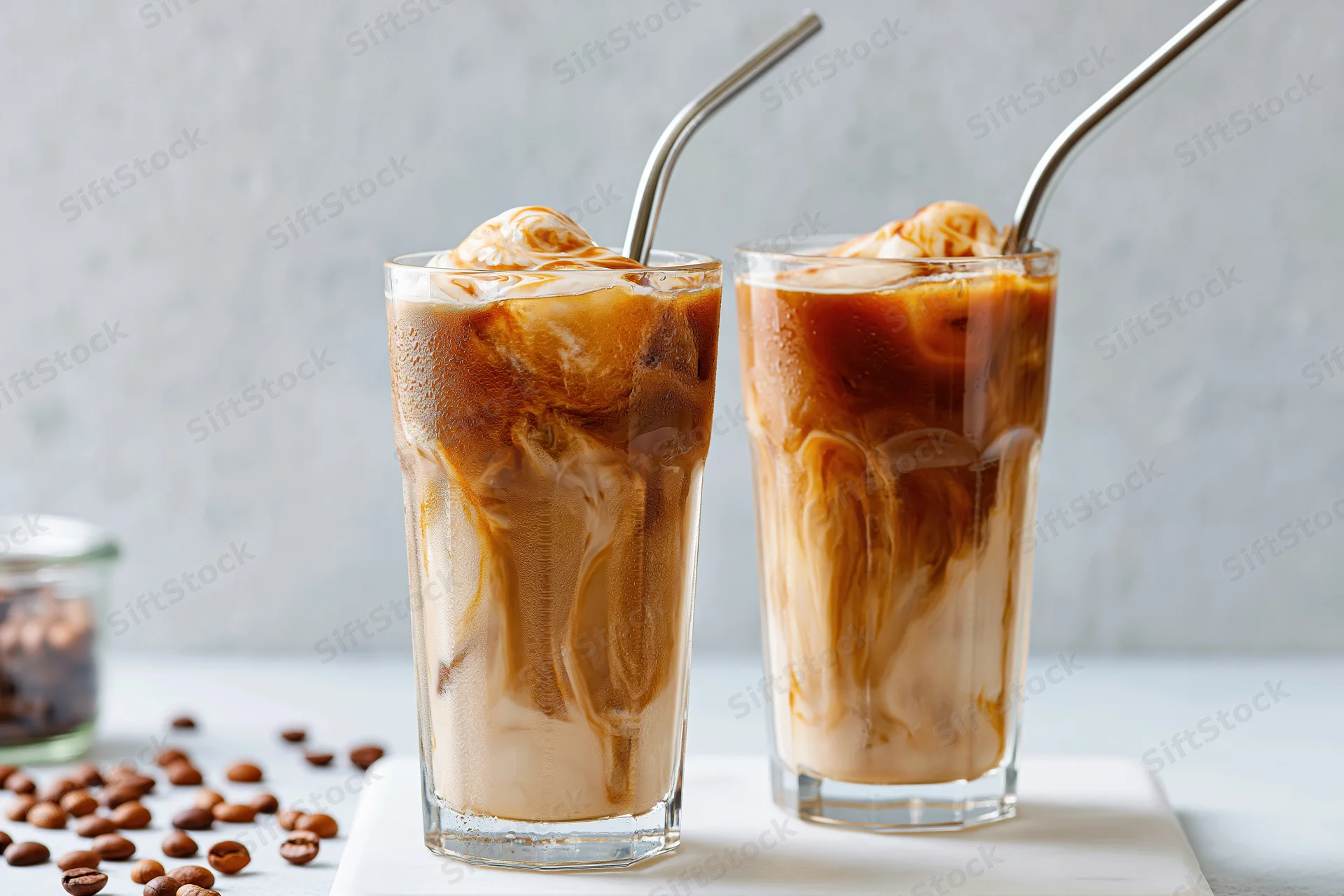 Two tall glasses of iced coffee with cream swirls and metal straws on a white surface