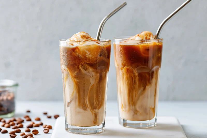 Two tall glasses of iced coffee with cream swirls and metal straws on a white surface