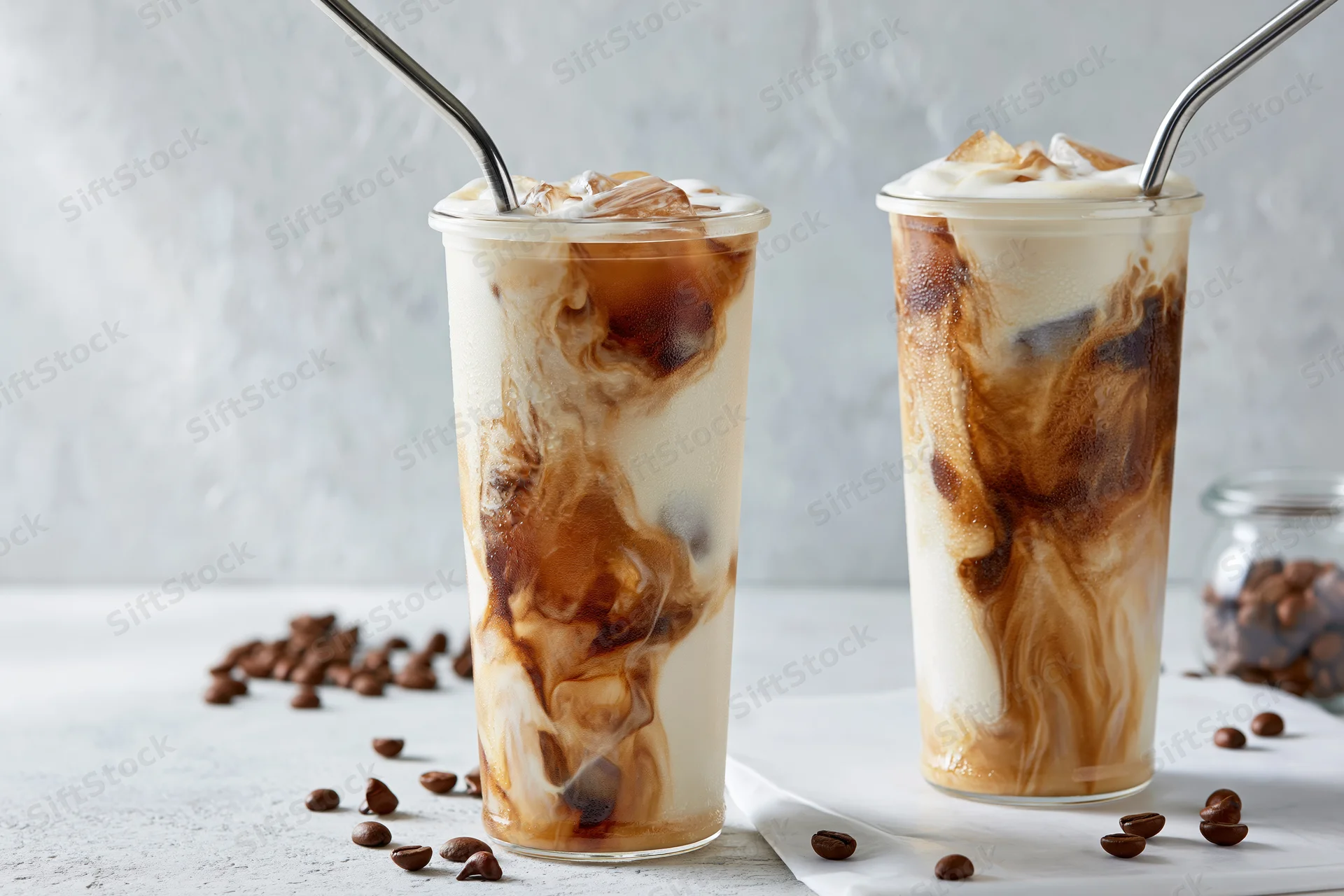 Two tall glass cups of iced coffee with swirling cream and metal straws on a white surface with scattered coffee beans