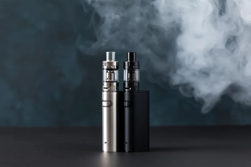 Two vape mods standing side by side on a dark matte surface with vapor rising behind them