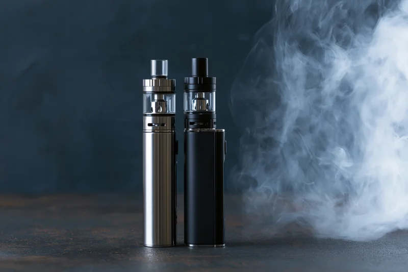 Two vape mods standing side by side on a dark matte surface with vapor rising beside them