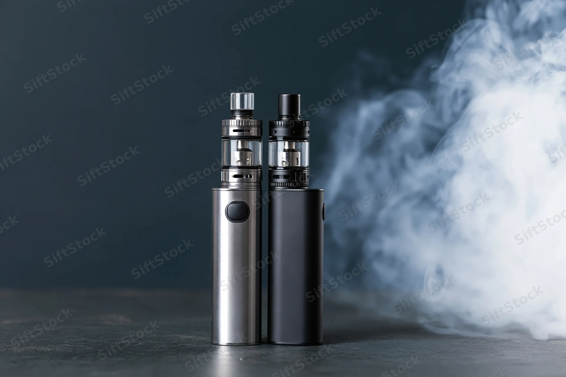 Two vape mods standing side by side on a dark matte surface with vapor rising beside them