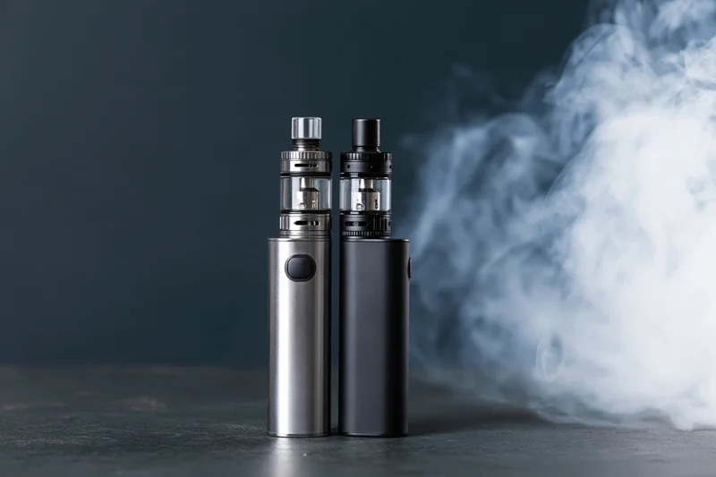 Two vape mods standing side by side on a dark matte surface with vapor rising beside them