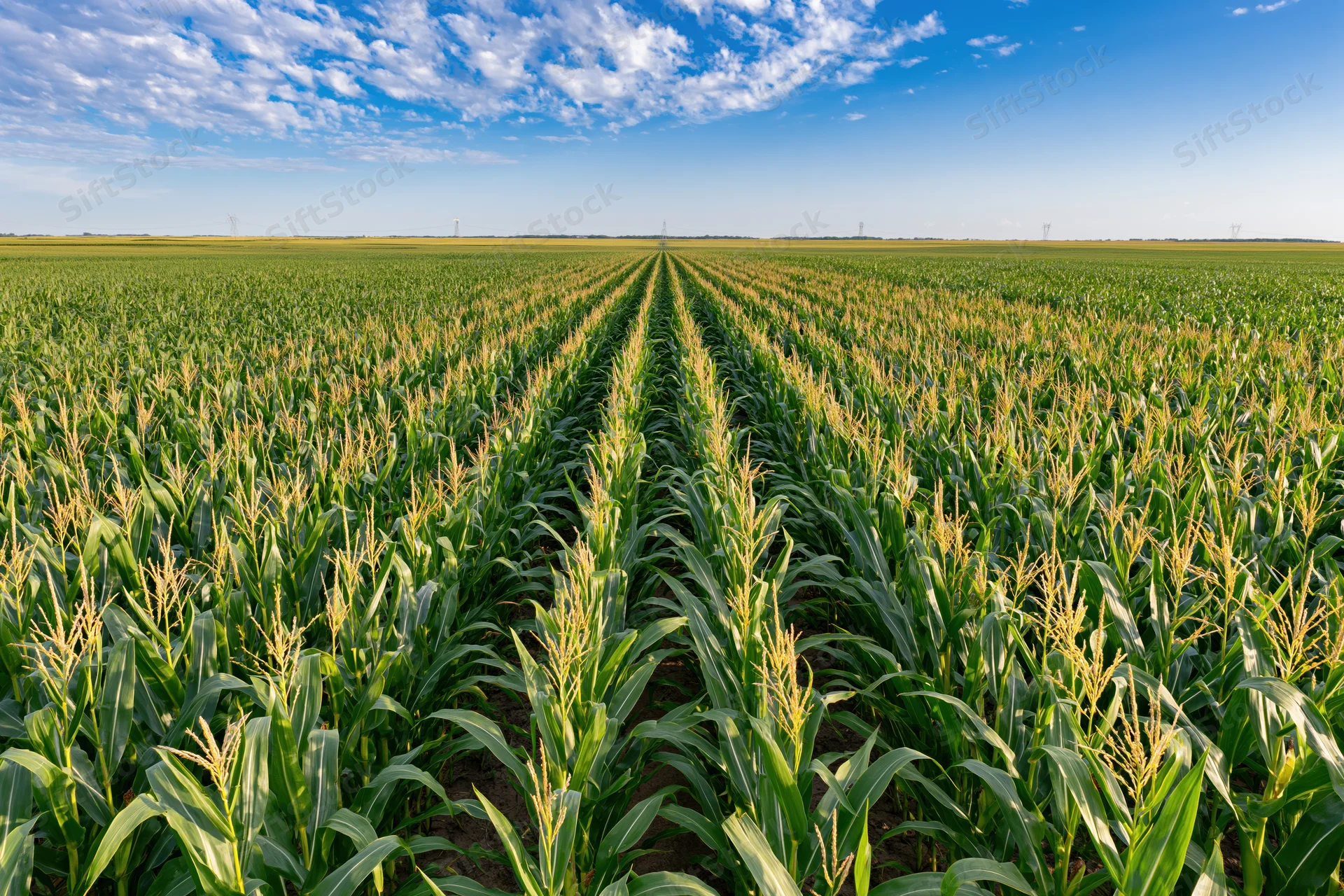 Rows of corn growing in a vast field under a blue sky with scattered clouds