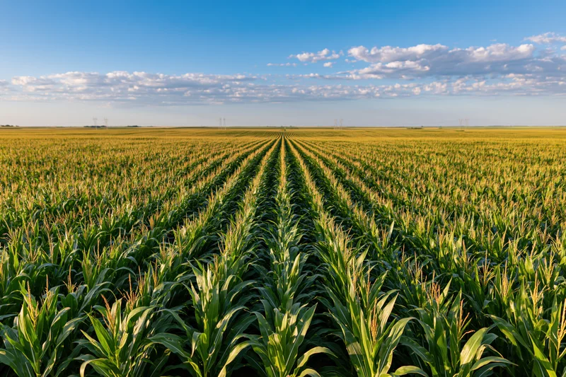 Rows of corn growing in a vast field under a blue sky with scattered clouds