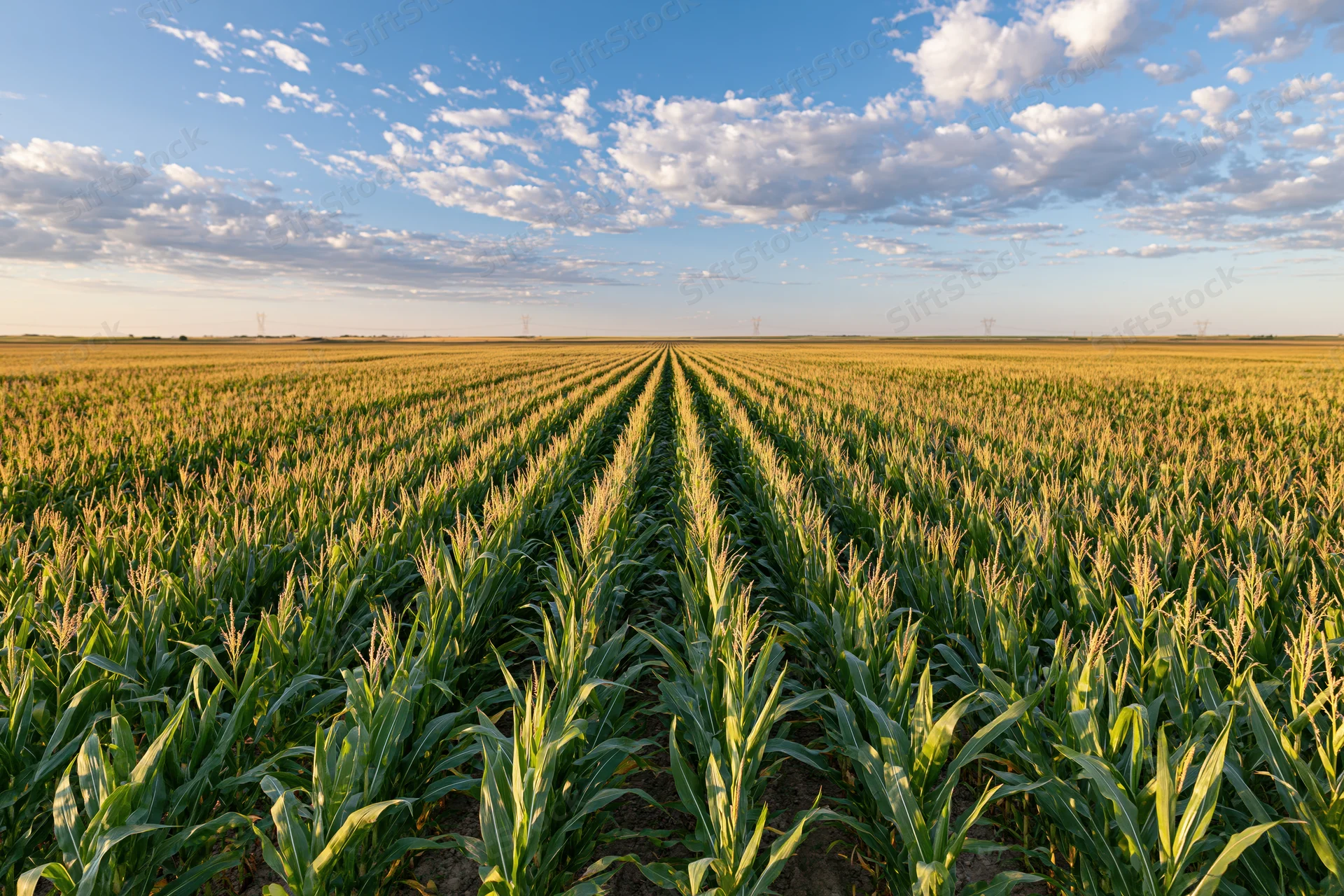 Rows of corn growing in a vast field under a blue sky with scattered clouds