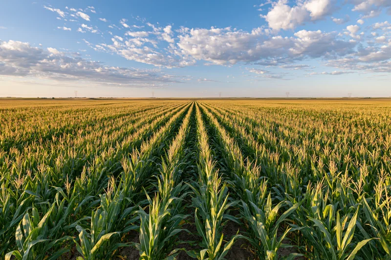 Rows of corn growing in a vast field under a blue sky with scattered clouds