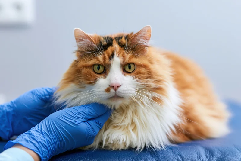 Calico cat being examined by veterinarian's blue-gloved hands on examination table
