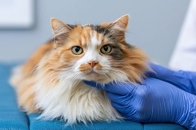 Calico cat being examined by veterinarian with blue gloves on examination table