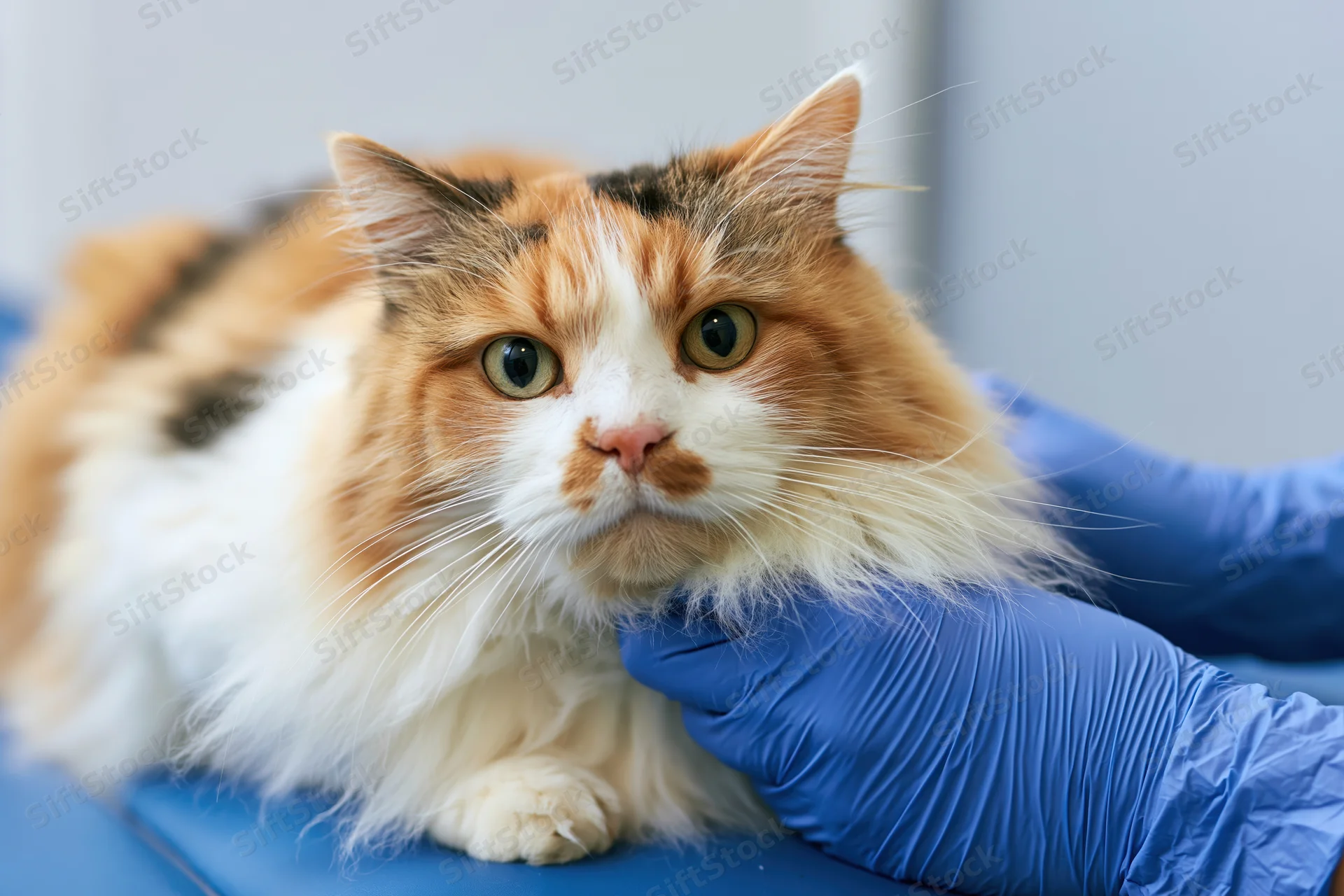 Calico cat being examined by veterinarian's gloved hands on blue surface