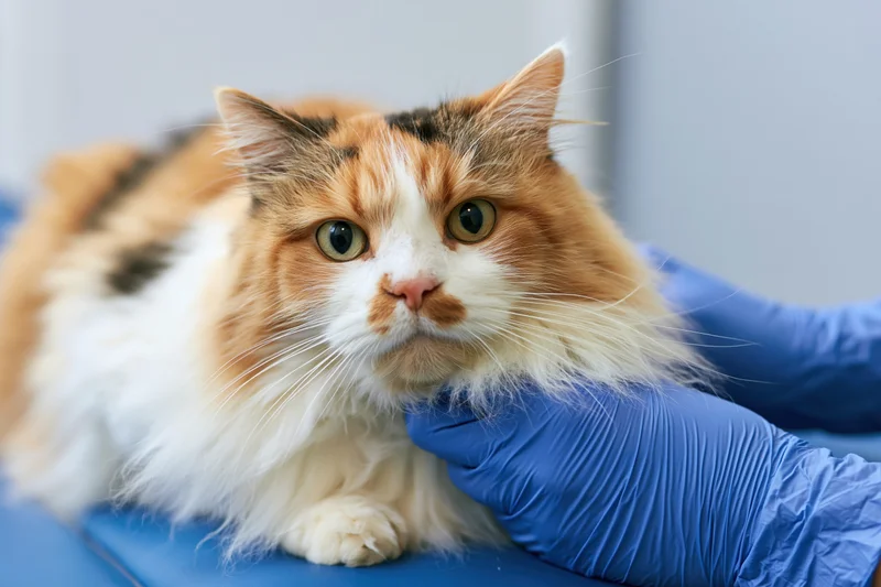 Calico cat being examined by veterinarian's gloved hands on blue surface