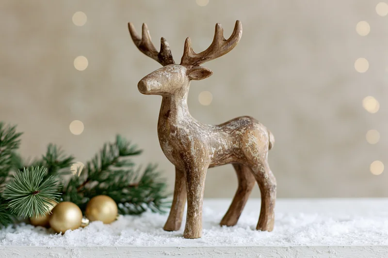Weathered wooden reindeer figurine standing on snowy surface beside pine branches and golden ornaments