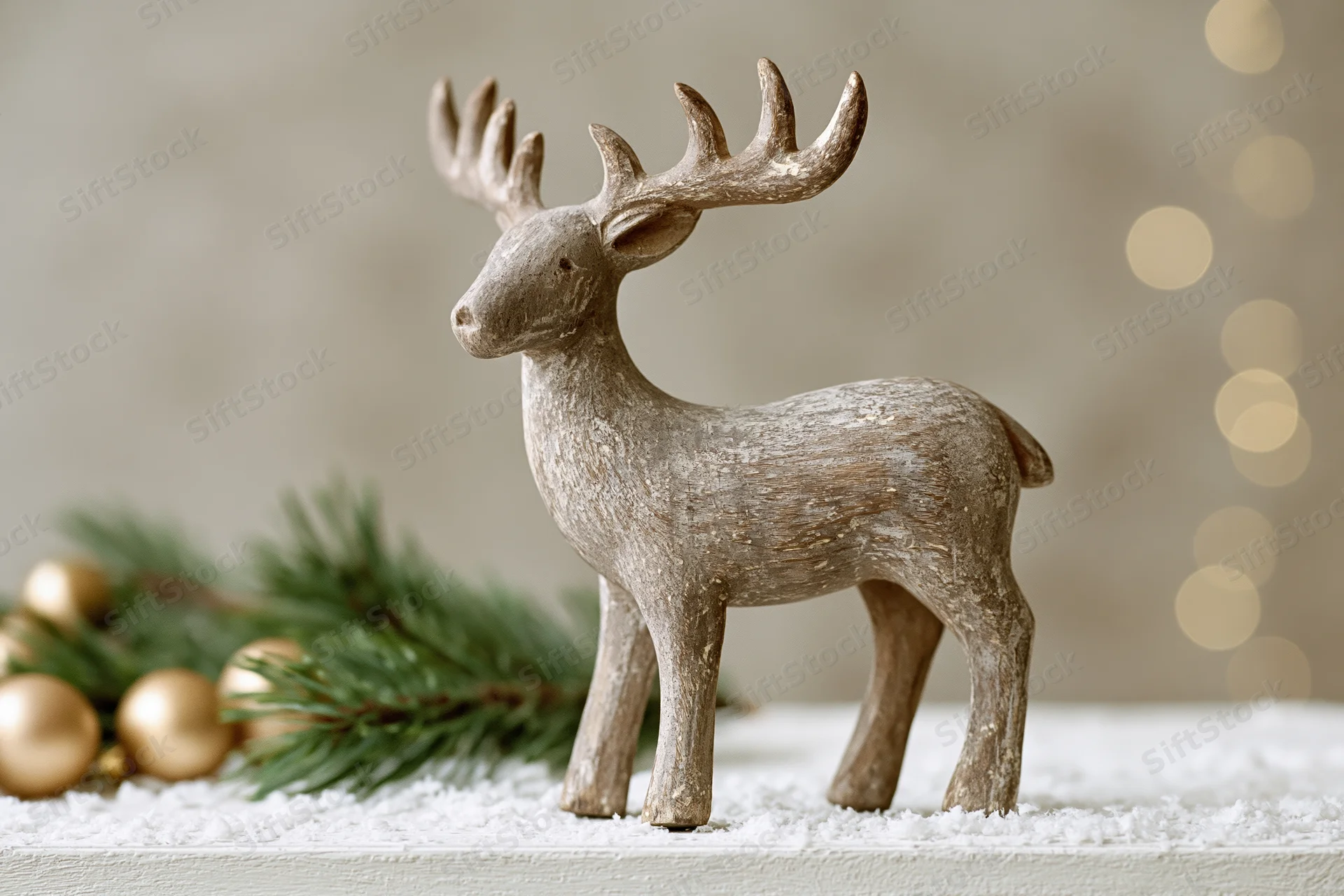 Weathered wooden reindeer figurine standing on snowy surface beside pine branch and gold ornaments