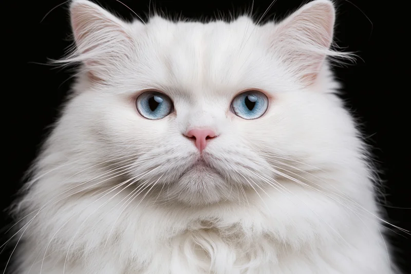 White british longhair cat with blue eyes gazing directly at camera against black background