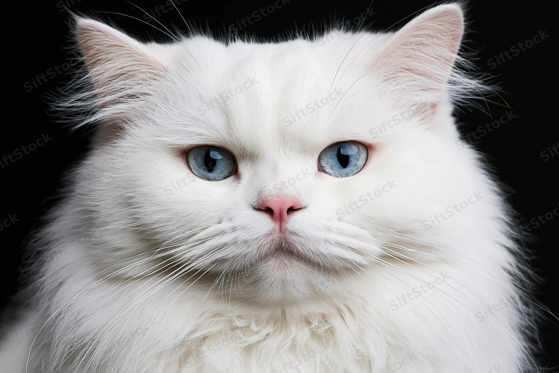 White british longhair cat with blue eyes gazing directly at camera against black background