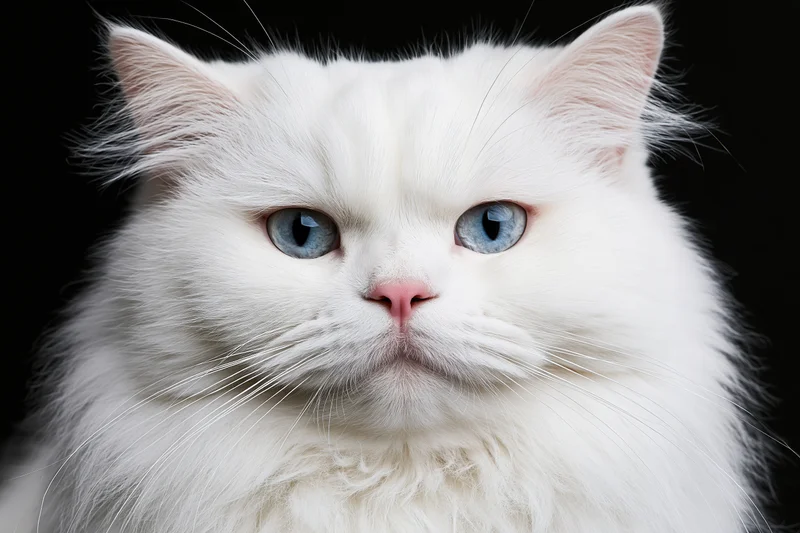 White british longhair cat with blue eyes gazing directly at camera against black background