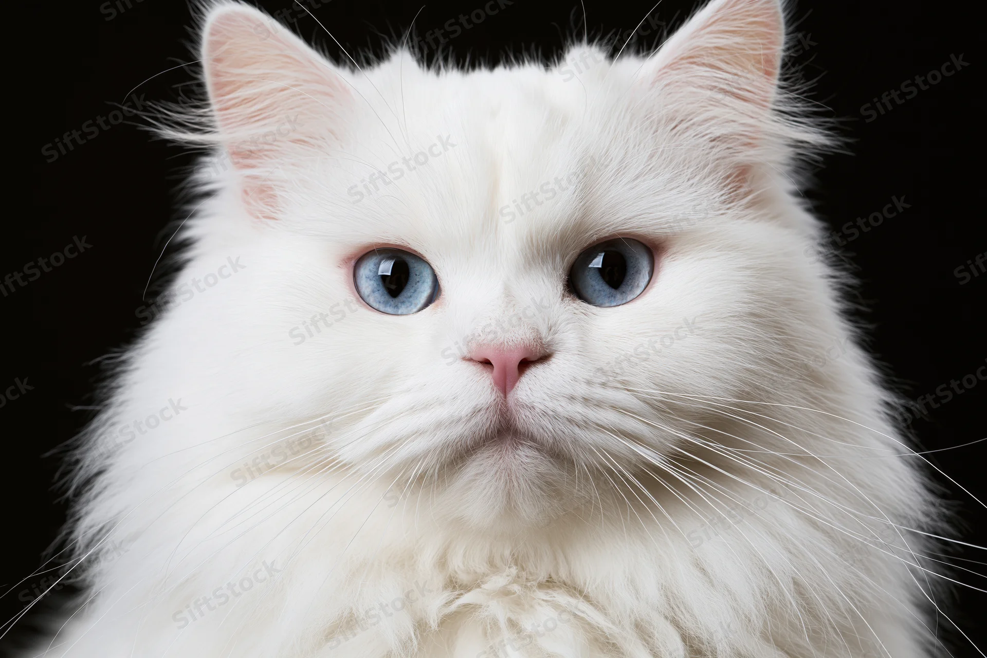 White british longhair cat with blue eyes gazing directly at camera against black background