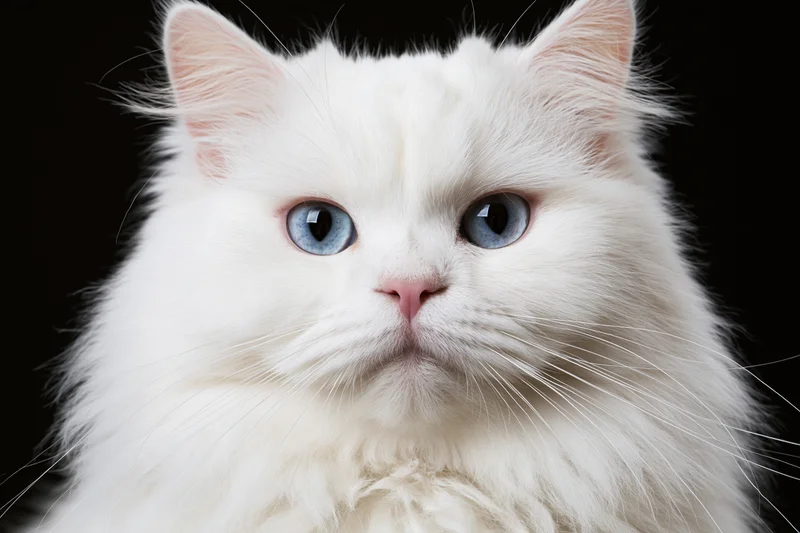 White british longhair cat with blue eyes gazing directly at camera against black background