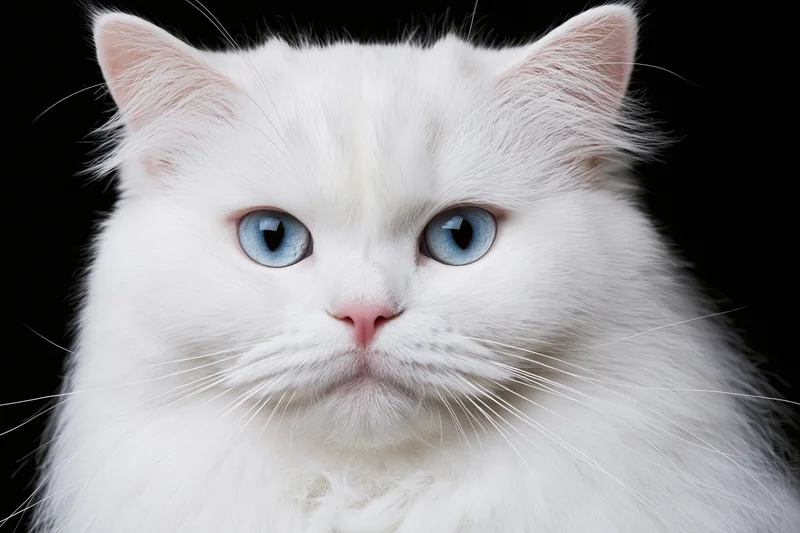 White british longhair cat with pale blue eyes gazing directly at camera against black background