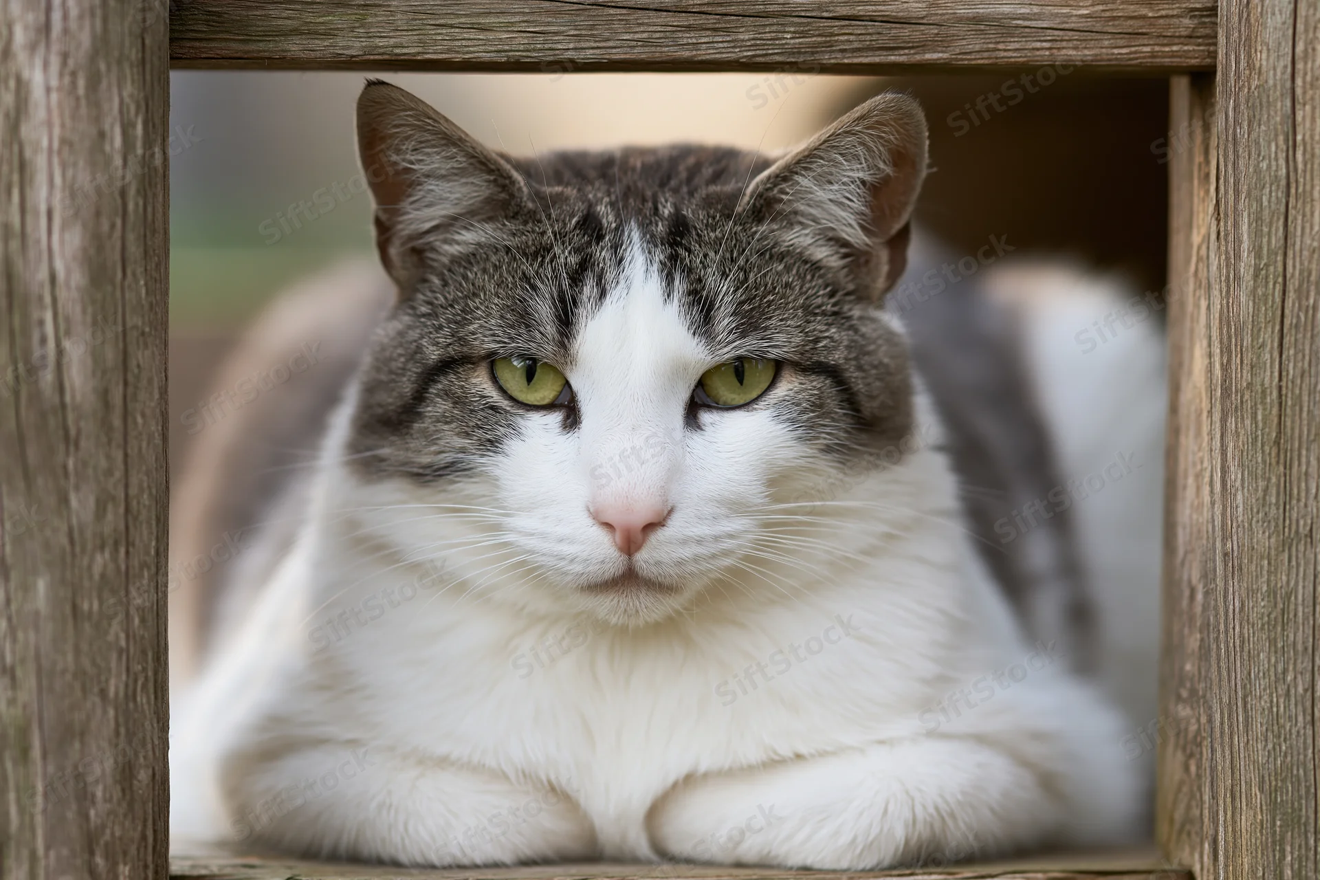 White and grey tabby cat resting with paws tucked under, gazing through wooden frame