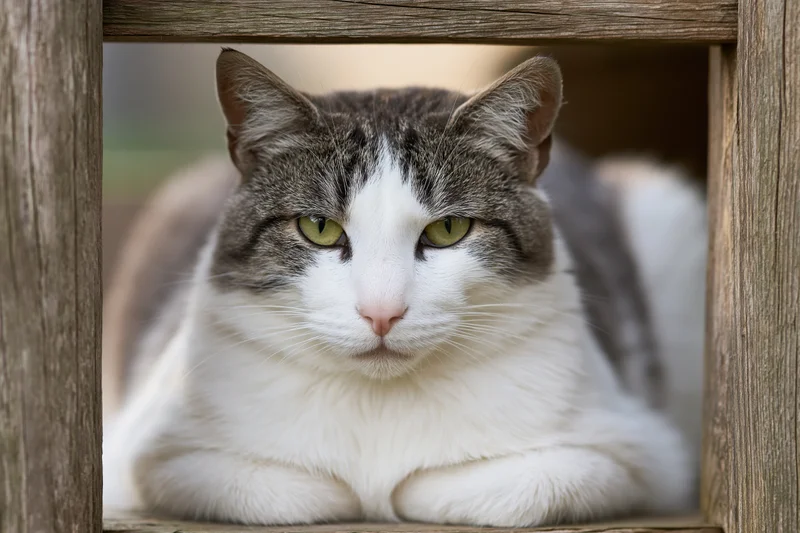 White and grey tabby cat resting with paws tucked under, gazing through wooden frame