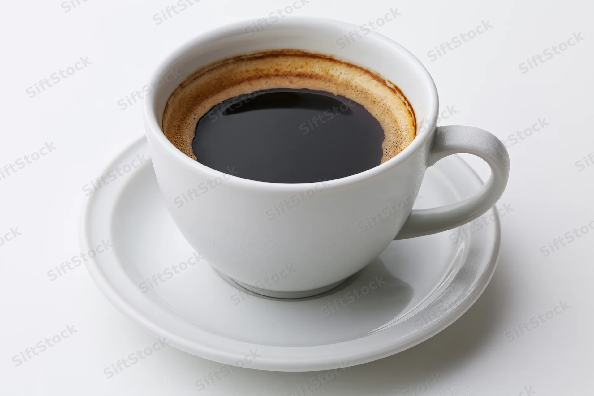 White ceramic coffee cup filled with black coffee on a saucer against a plain white background