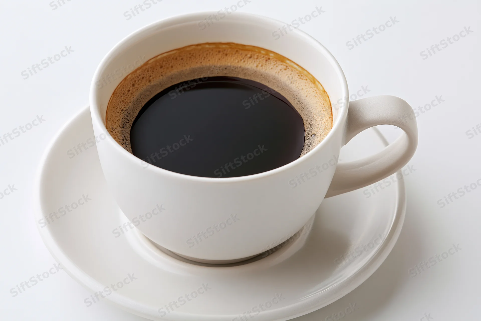 White ceramic coffee cup filled with black coffee on saucer against plain white background