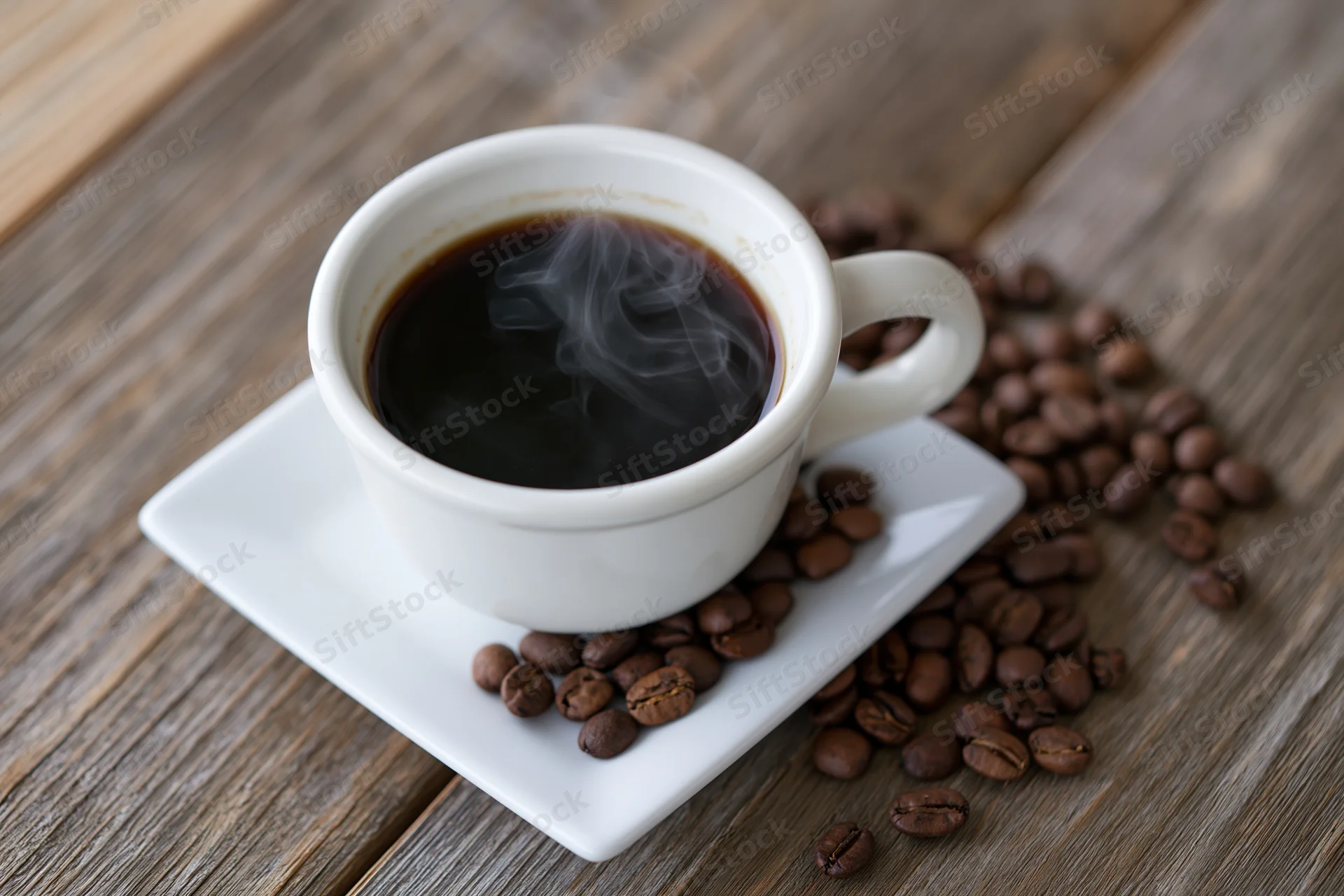 Steaming coffee in a white ceramic cup on a square saucer with scattered beans on a wooden table