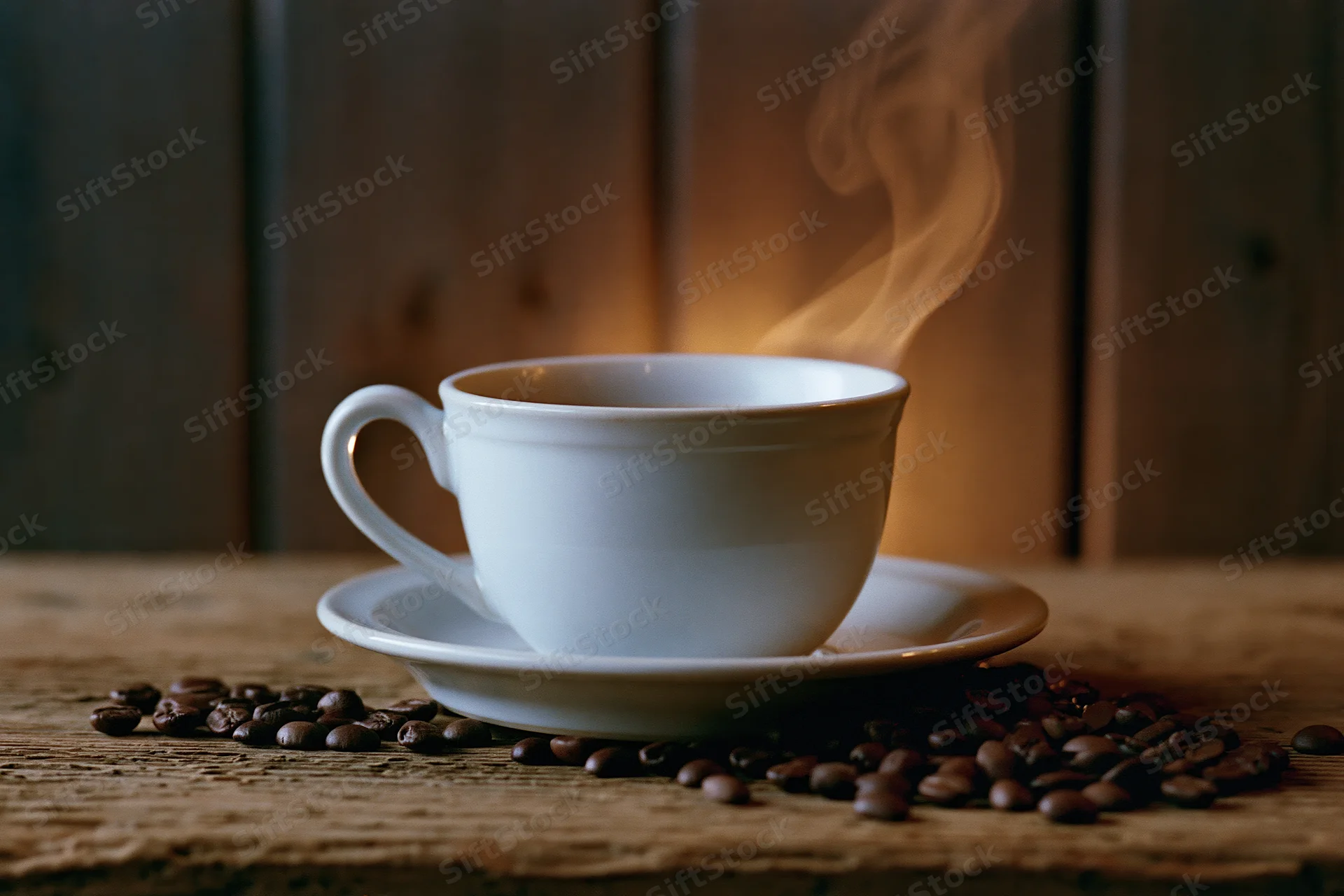 Steaming white ceramic coffee cup on saucer with scattered beans on wooden table