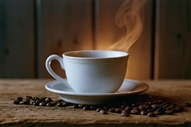 Steaming white ceramic coffee cup on saucer with scattered beans on wooden table