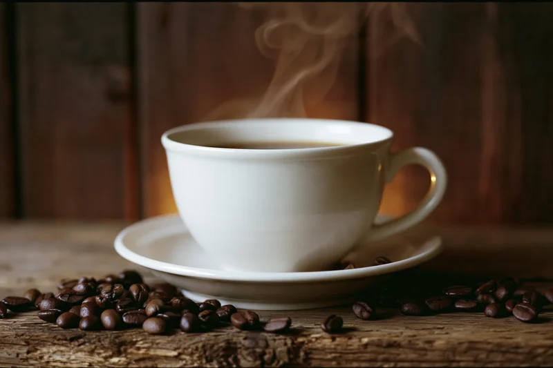 White ceramic coffee cup steaming on saucer with scattered beans on wooden table