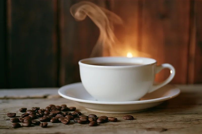 White ceramic coffee cup steaming on wooden table with scattered coffee beans