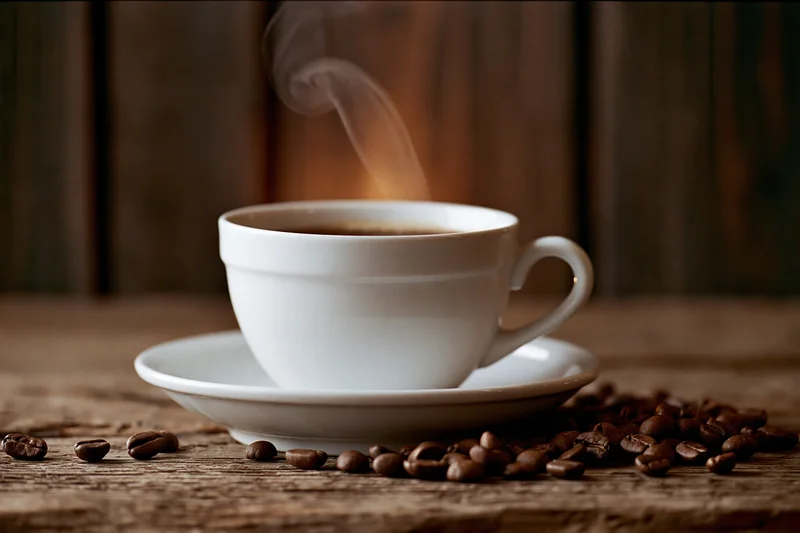 Steaming white ceramic coffee cup on saucer with scattered beans on wooden table