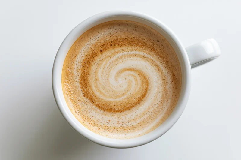 White ceramic coffee cup filled with latte foam swirl viewed from directly above on plain surface