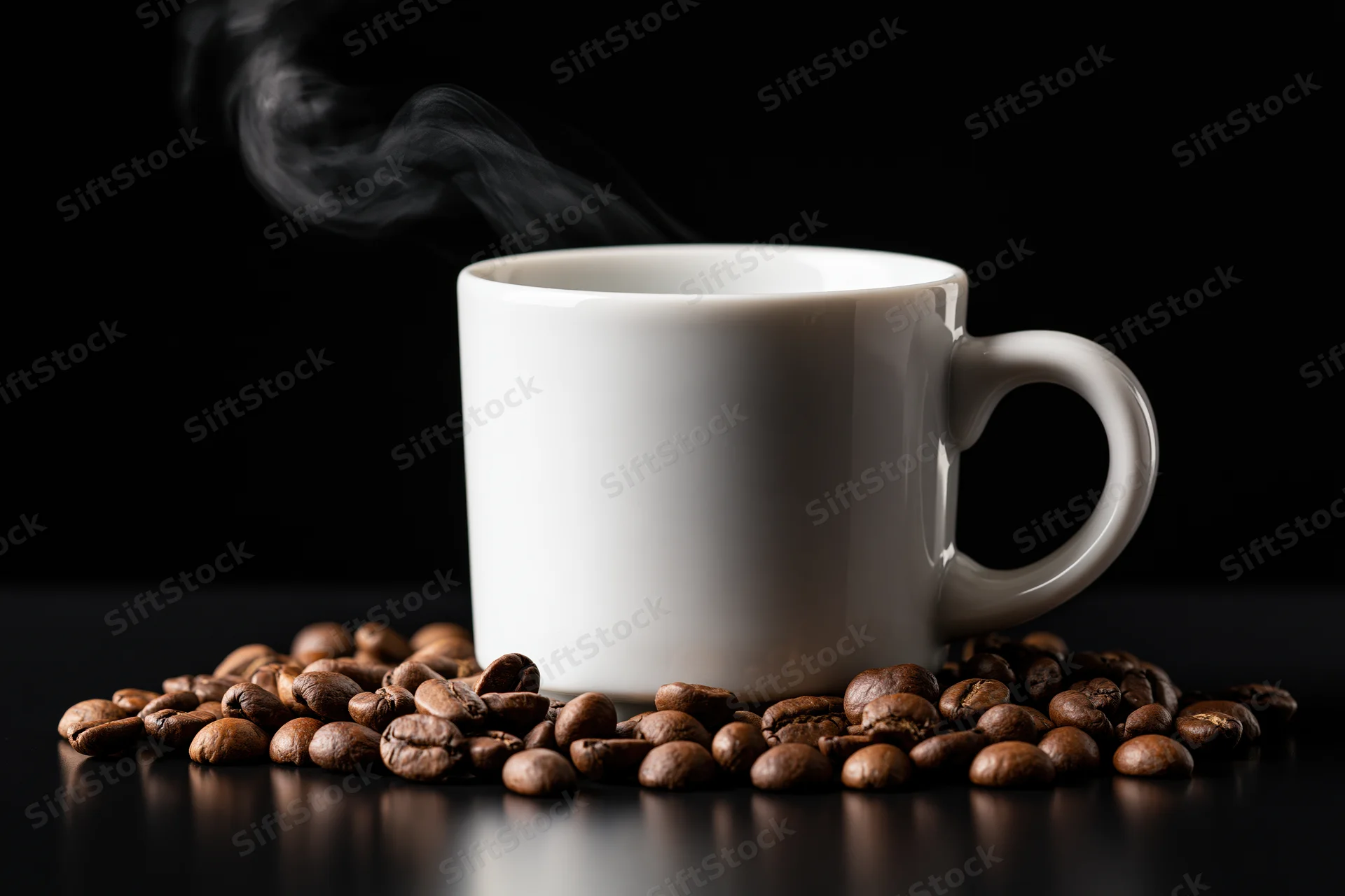 White ceramic coffee cup with rising steam surrounded by roasted coffee beans on dark surface