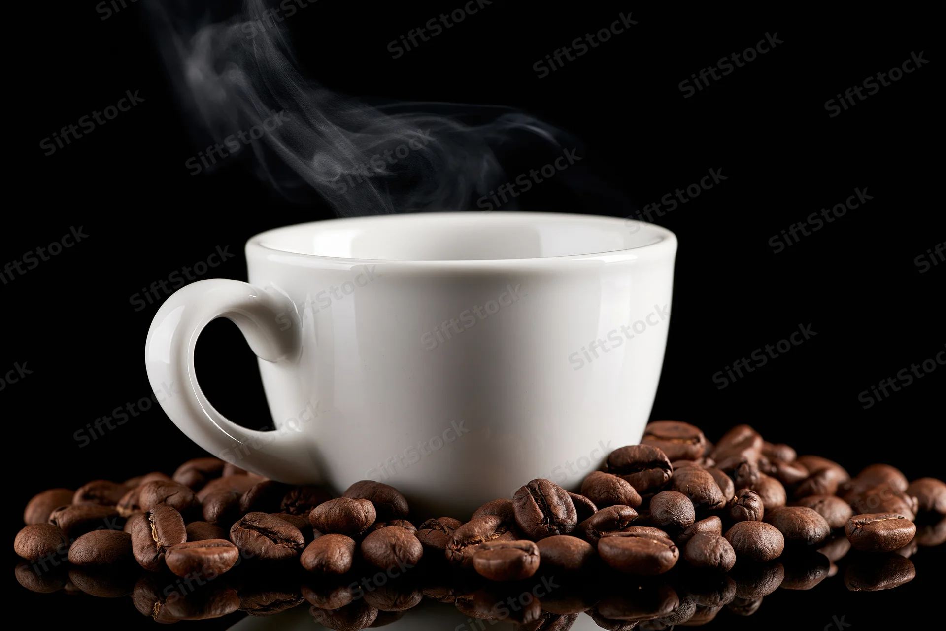 White ceramic coffee cup steaming on a bed of roasted coffee beans against black background