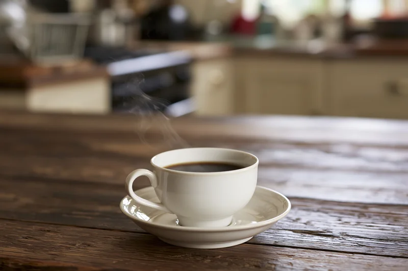 White ceramic coffee cup with steam on a dark wooden kitchen table