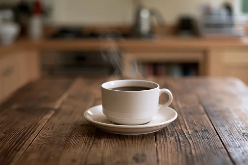 White ceramic coffee cup with steam on a wooden kitchen table