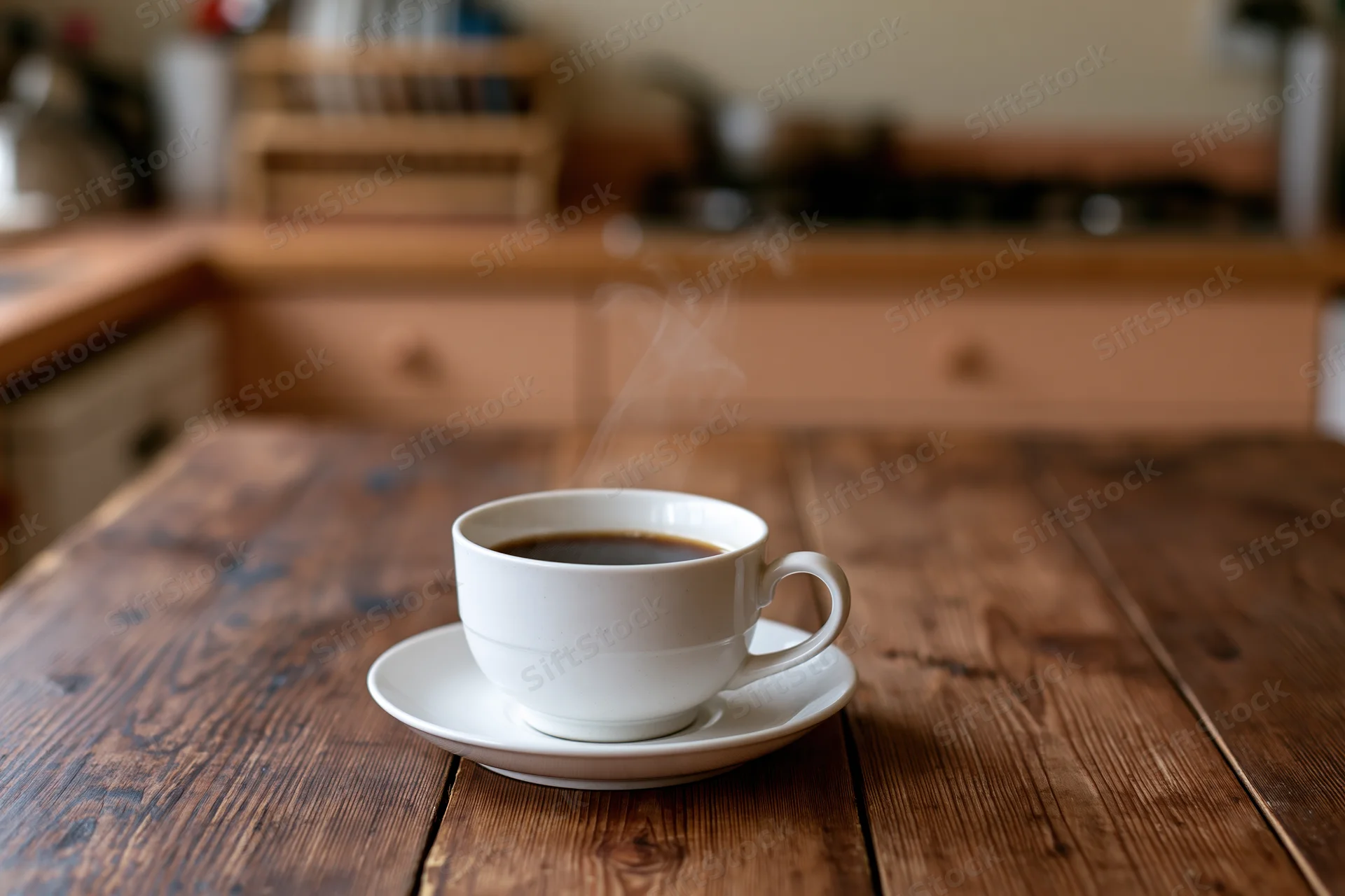 White ceramic coffee cup with steam on a dark wooden kitchen table