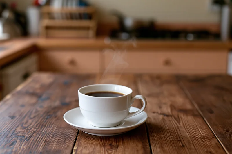 White ceramic coffee cup with steam on a dark wooden kitchen table