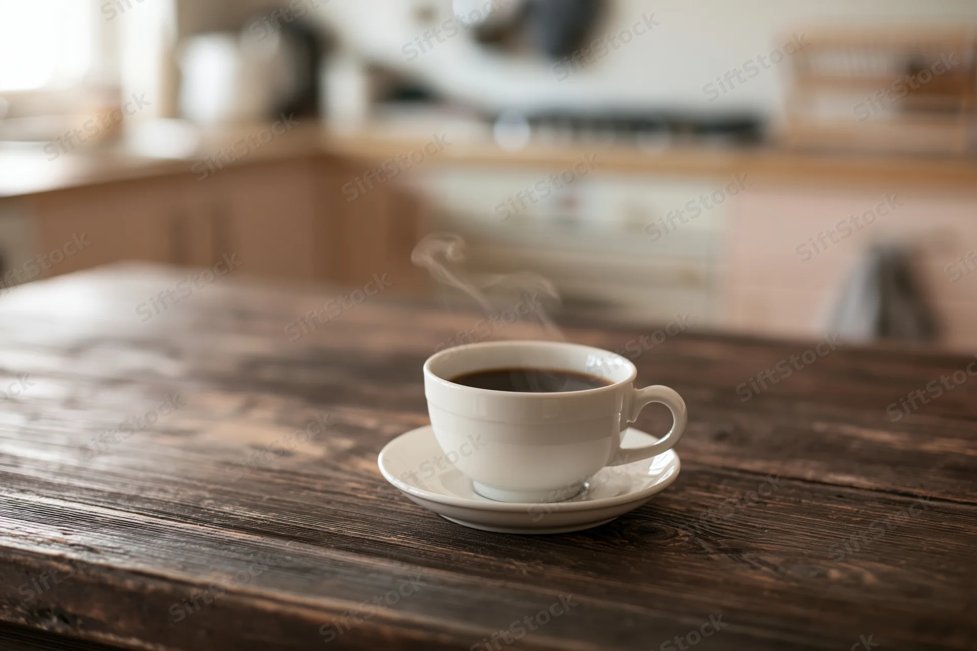 White ceramic coffee cup with steam on dark wooden kitchen table
