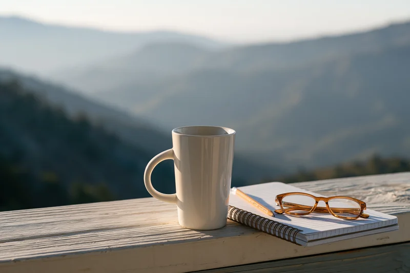 White ceramic coffee mug on weathered wooden railing with notebook and glasses overlooking mountain landscape at sunrise